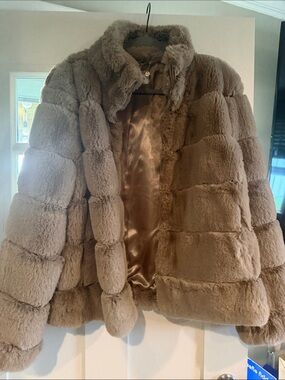 Calvin Klein Plush Faux Fur Teddy Coat in Taupe Brown